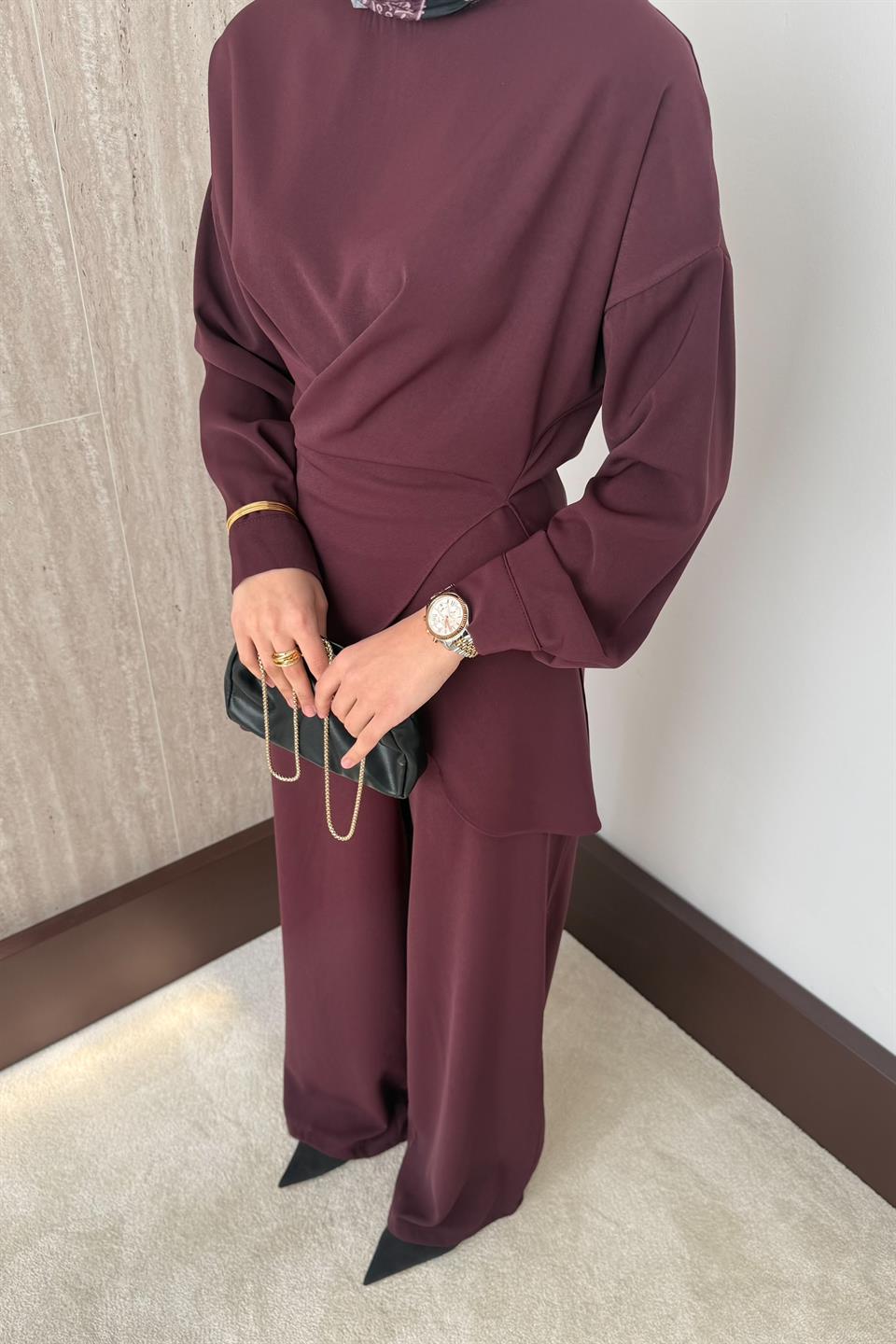 Bağlamalı Pantolonlu Takım - Bordo