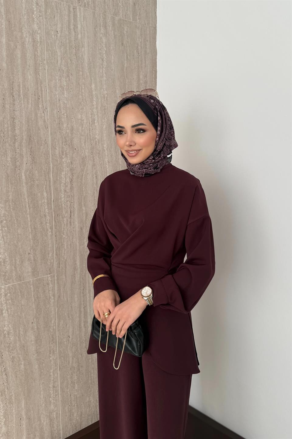 Bağlamalı Pantolonlu Takım - Bordo