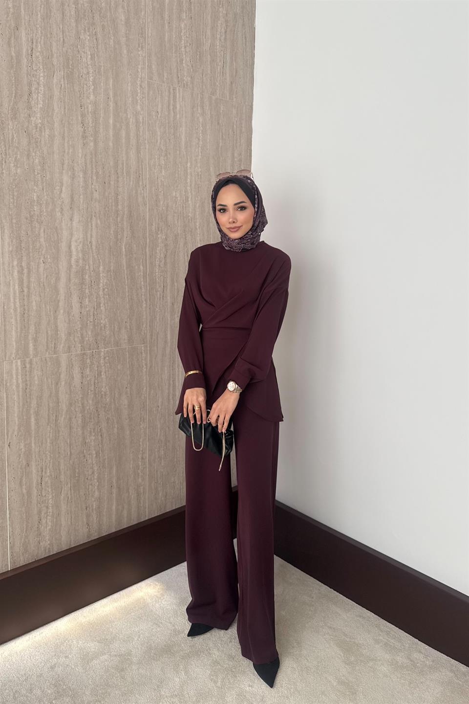Bağlamalı Pantolonlu Takım - Bordo