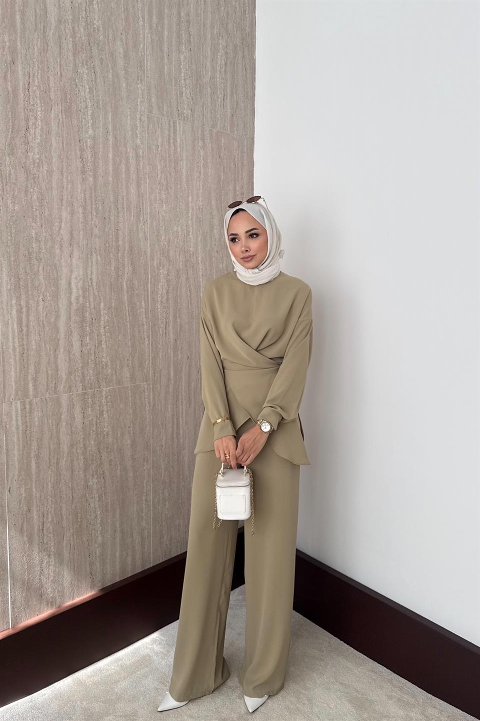 Bağlamalı Pantolonlu Takım - Taş