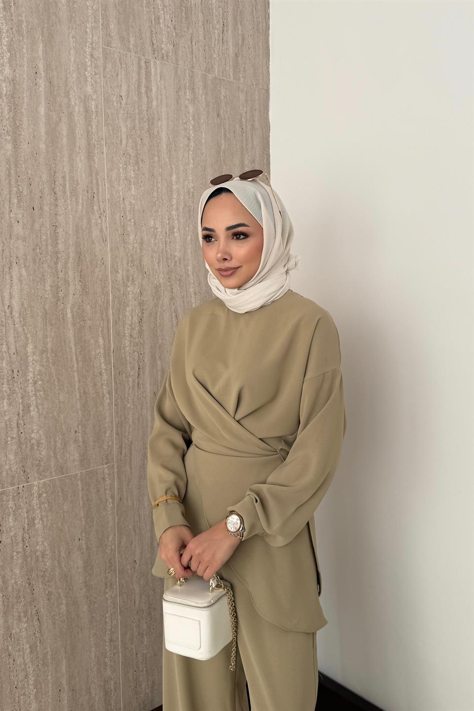 Bağlamalı Pantolonlu Takım - Taş