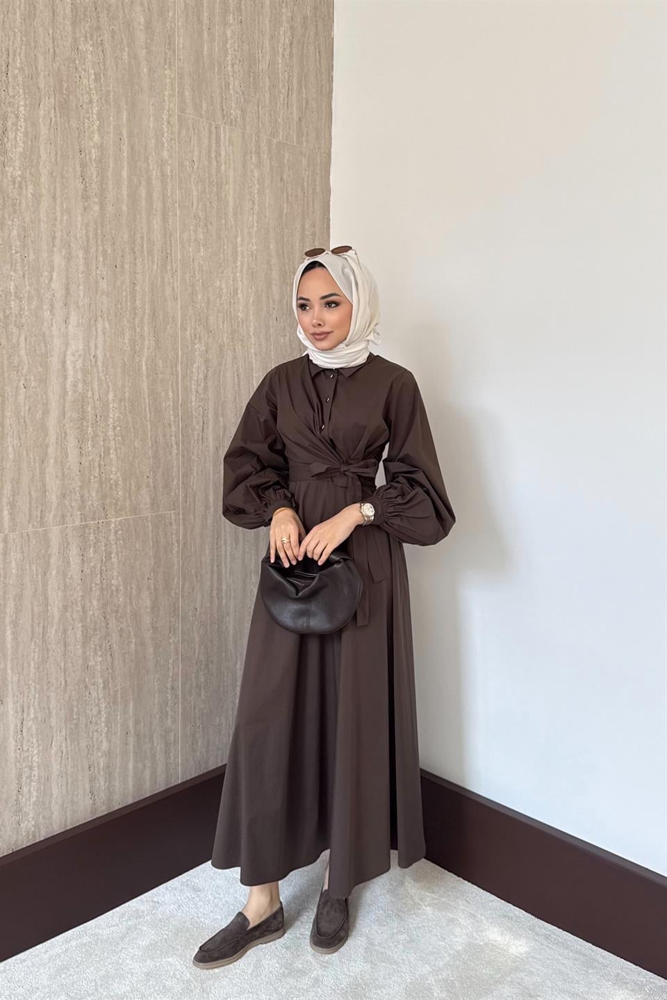 Bağlamalı Poplin Etekli Takım - Kahve