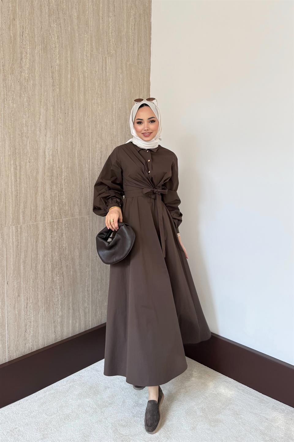 Bağlamalı Poplin Etekli Takım - Kahve