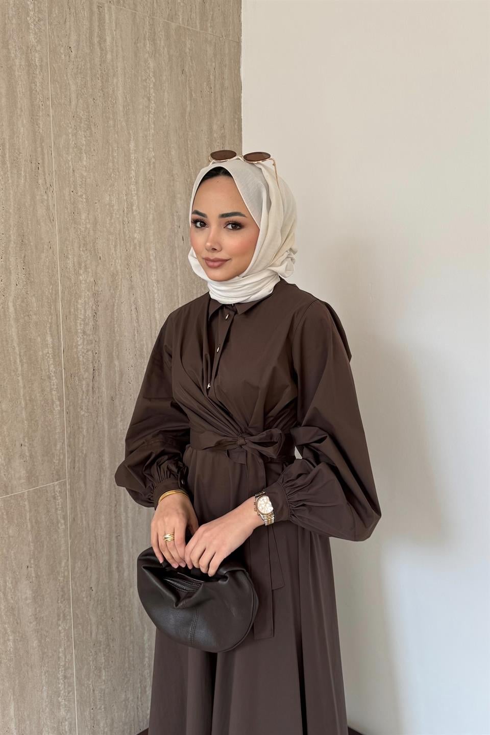 Bağlamalı Poplin Etekli Takım - Kahve