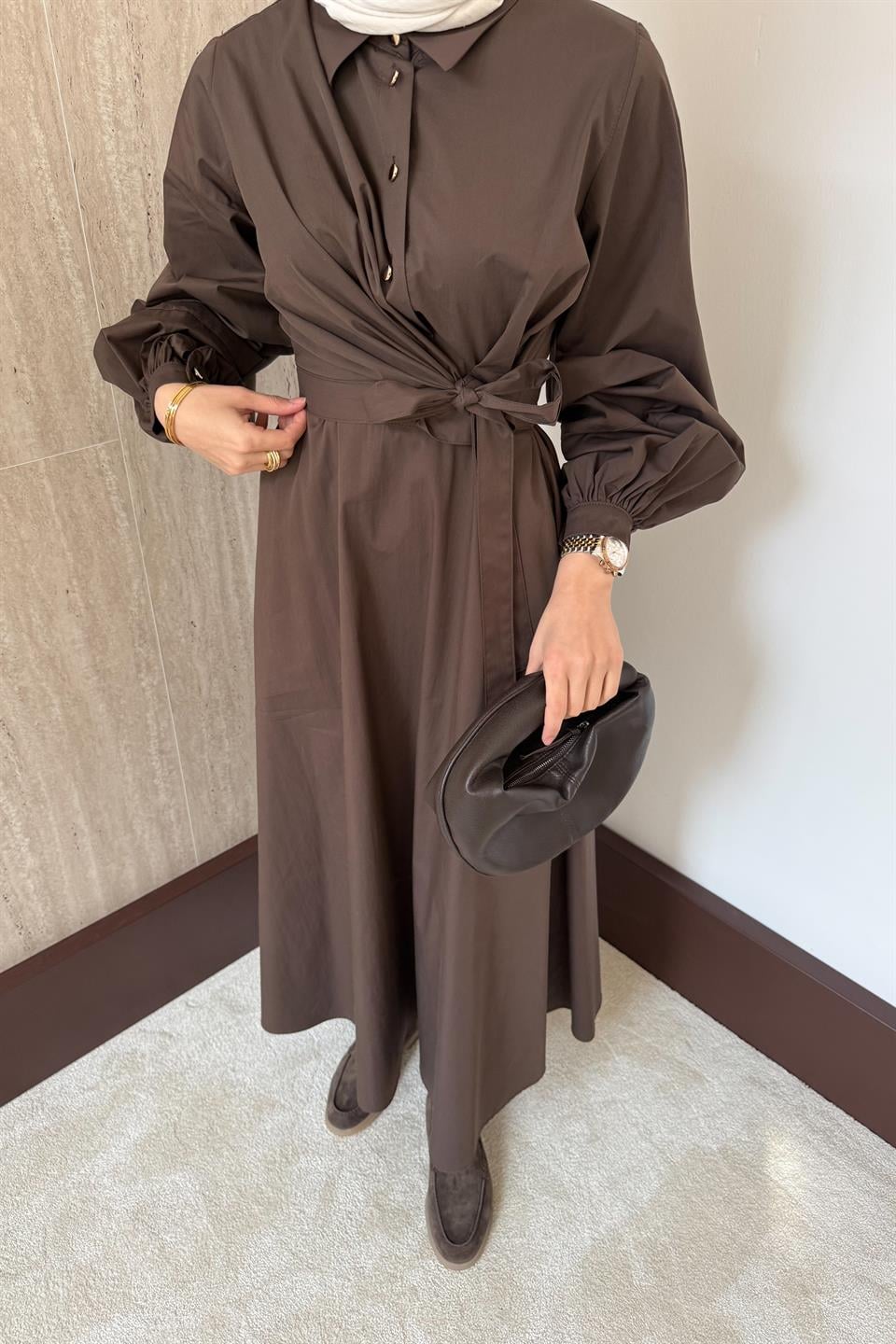 Bağlamalı Poplin Etekli Takım - Kahve
