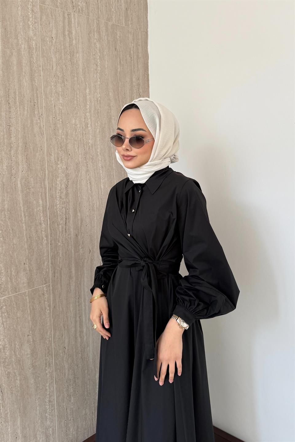 Bağlamalı Poplin Etekli Takım - Siyah