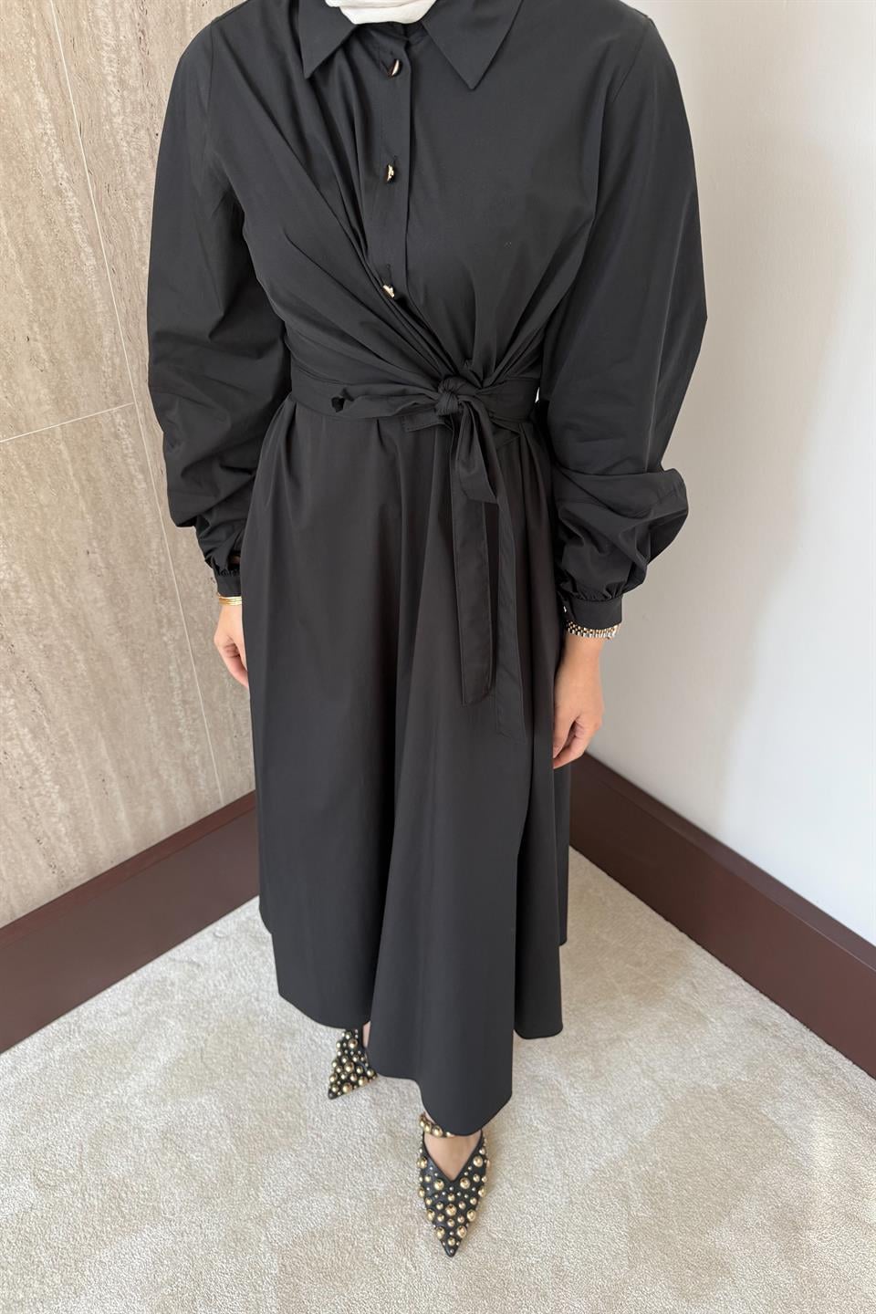 Bağlamalı Poplin Etekli Takım - Siyah