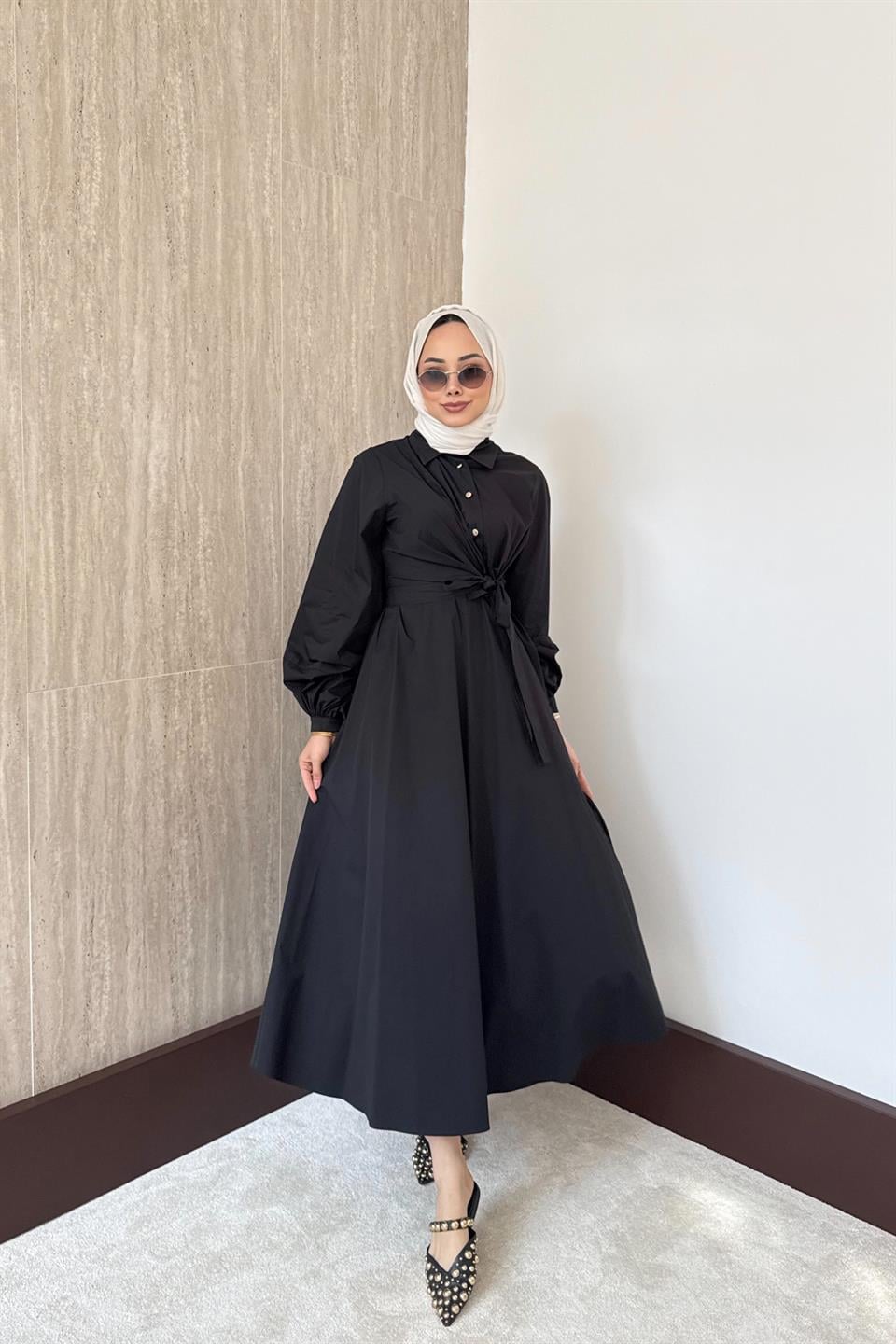 Bağlamalı Poplin Etekli Takım - Siyah