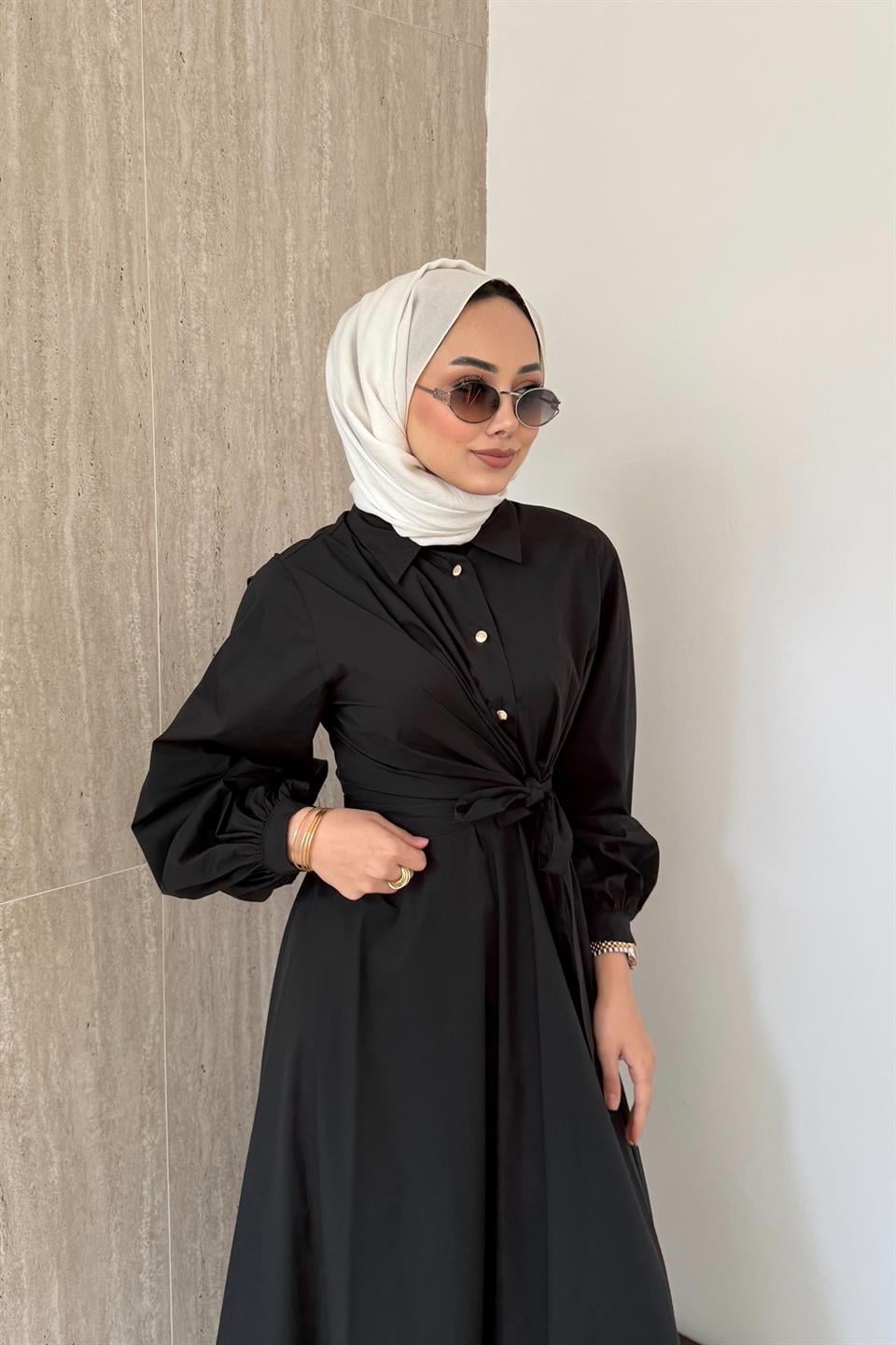 Bağlamalı Poplin Etekli Takım - Siyah