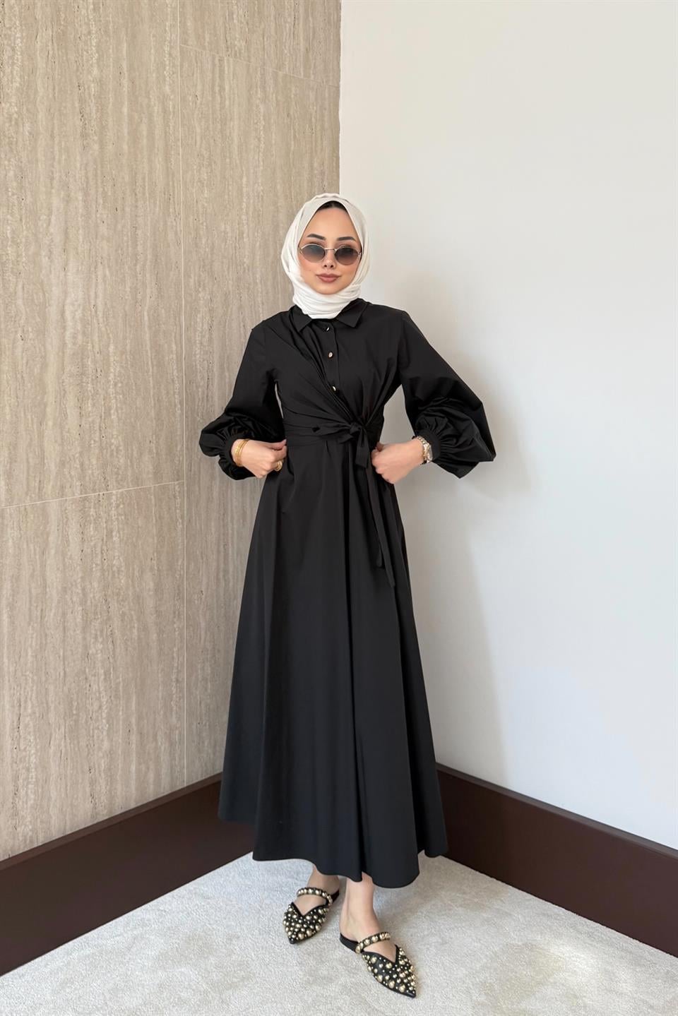 Bağlamalı Poplin Etekli Takım - Siyah