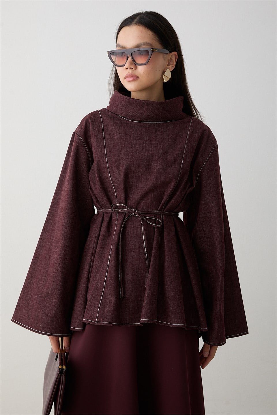 Balıkçı Yaka Denim Gömlek - Bordo