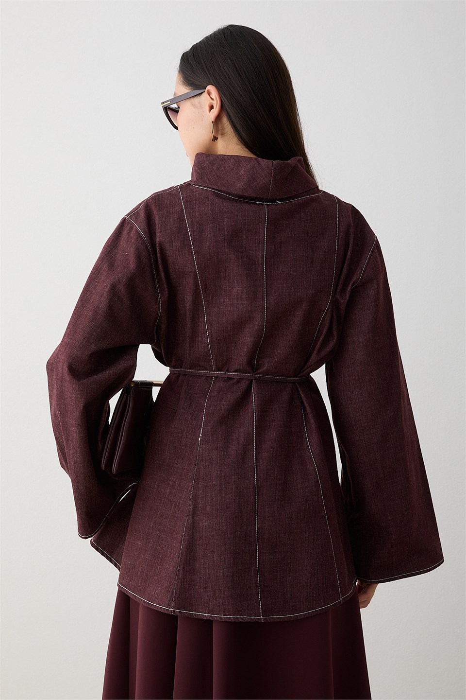 Balıkçı Yaka Denim Gömlek - Bordo