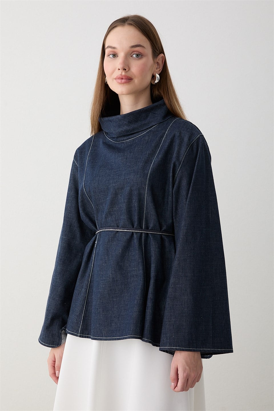 Balıkçı Yaka Denim Gömlek - Lacivert