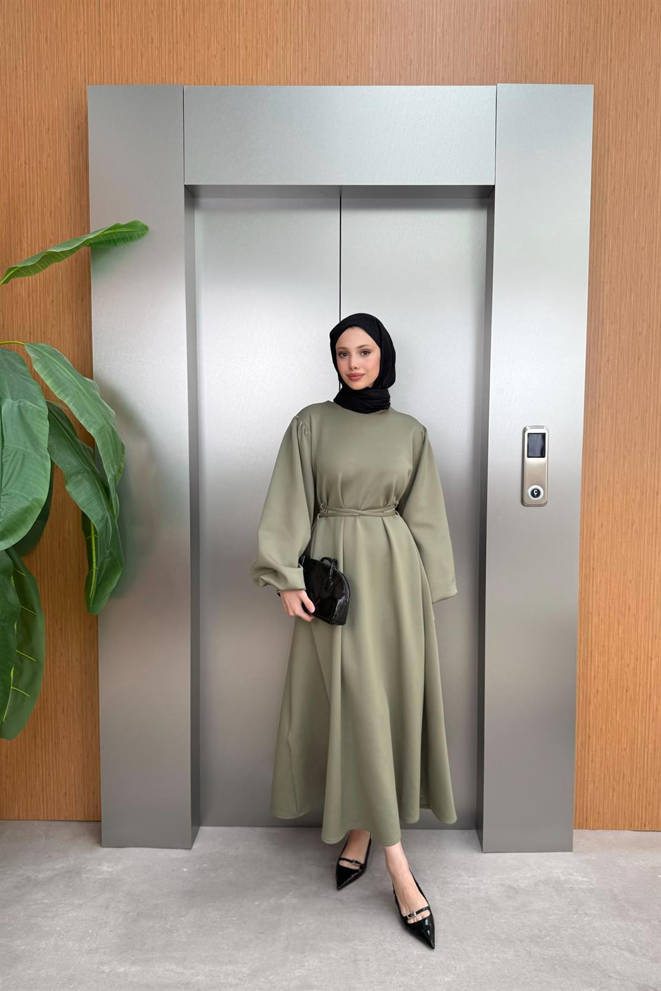 Balloon Sleeve Tied Scuba Dress - Green