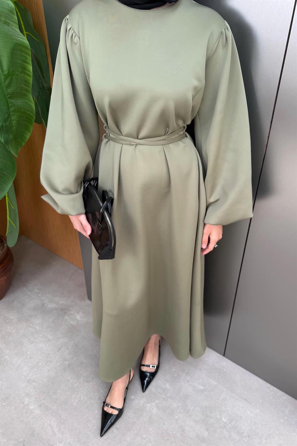 Balloon Sleeve Tied Scuba Dress - Green