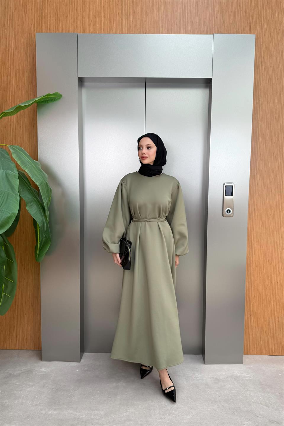 Balloon Sleeve Tied Scuba Dress - Green