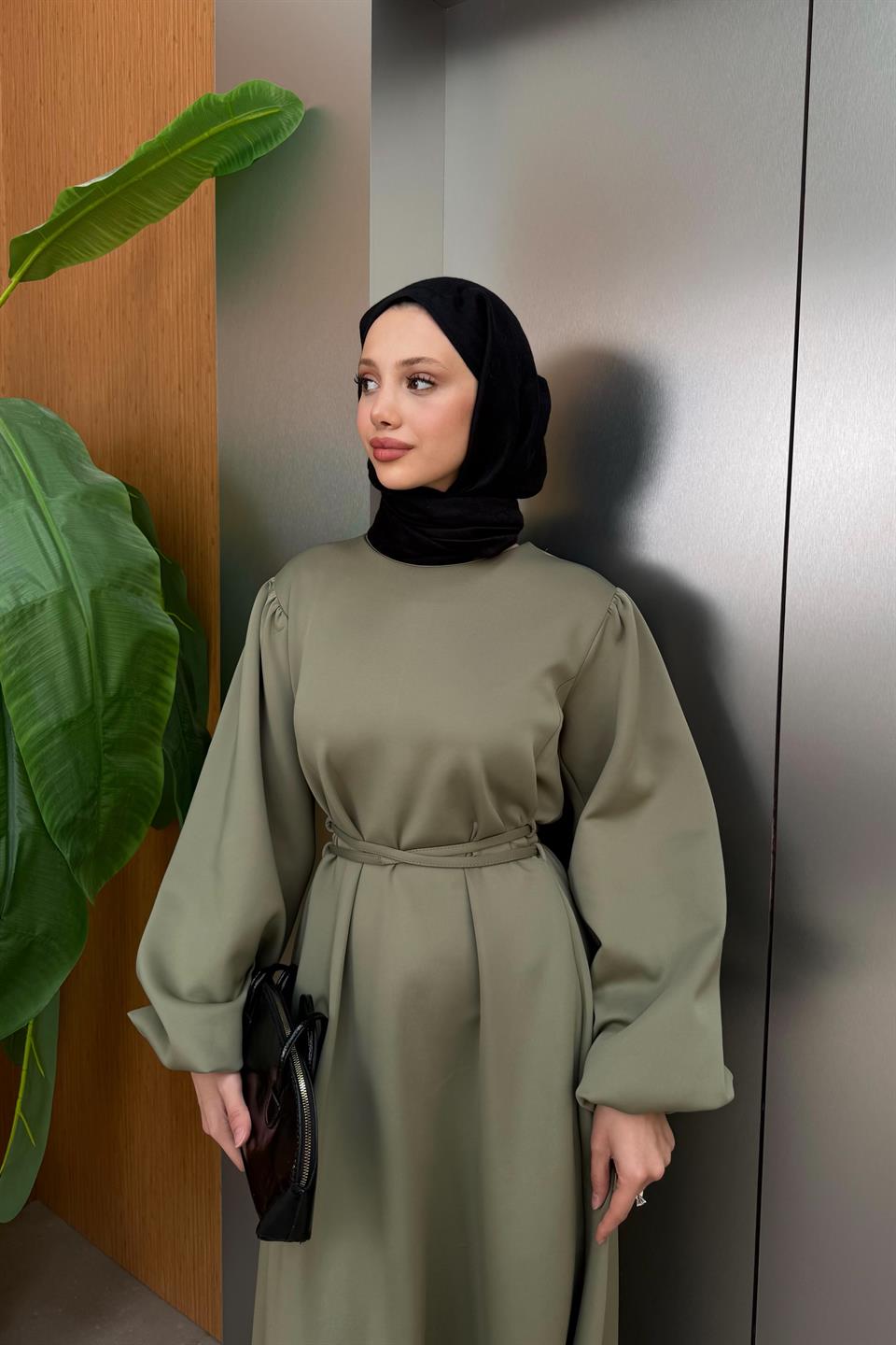 Balloon Sleeve Tied Scuba Dress - Green