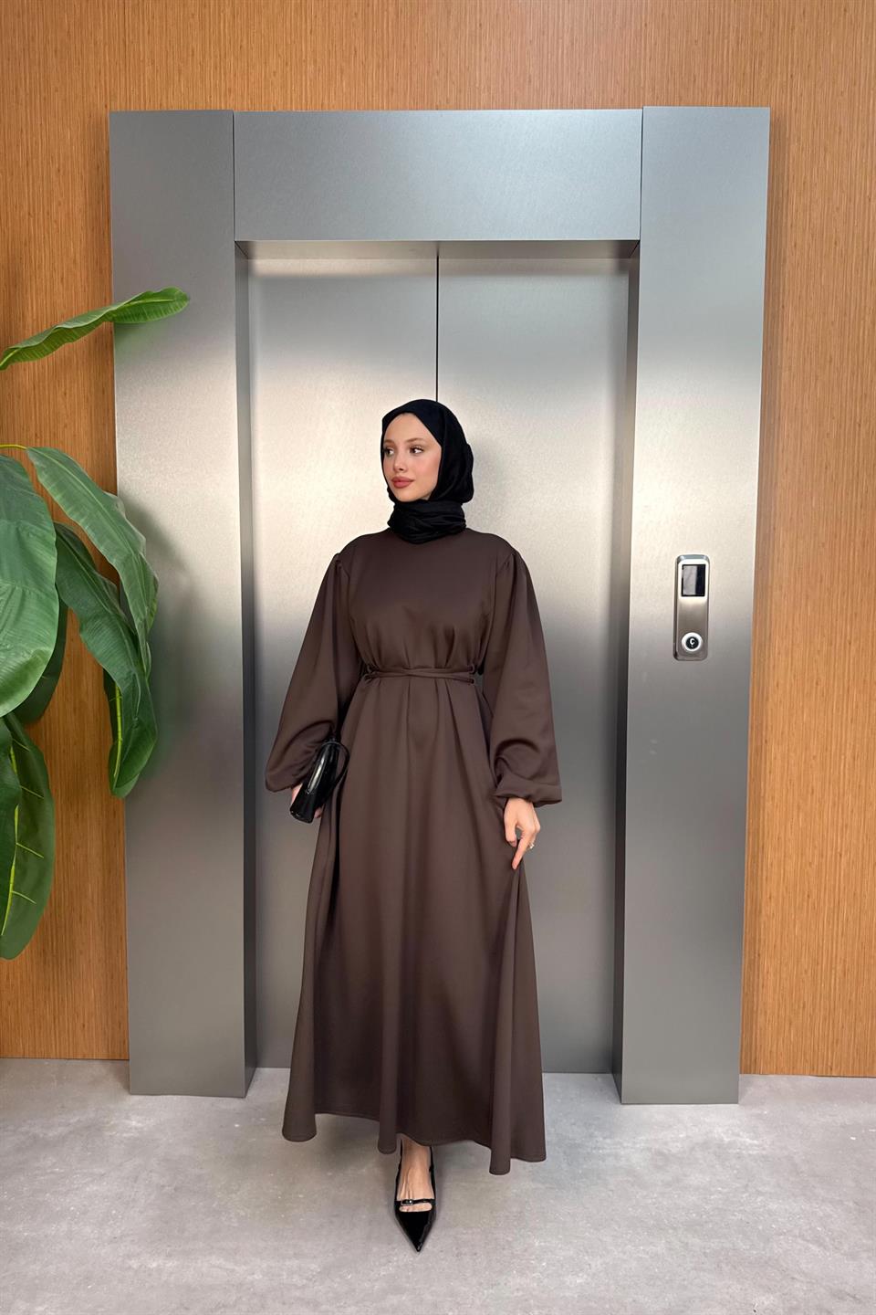 Balloon Sleeve Tied Scuba Dress - Brown