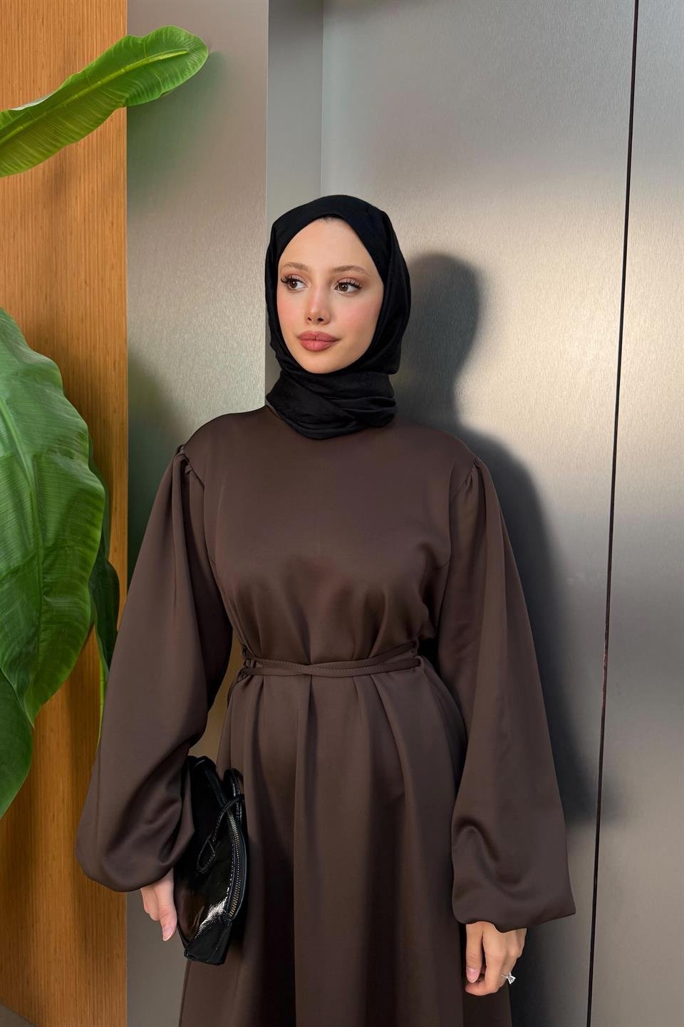 Balloon Sleeve Tied Scuba Dress - Brown