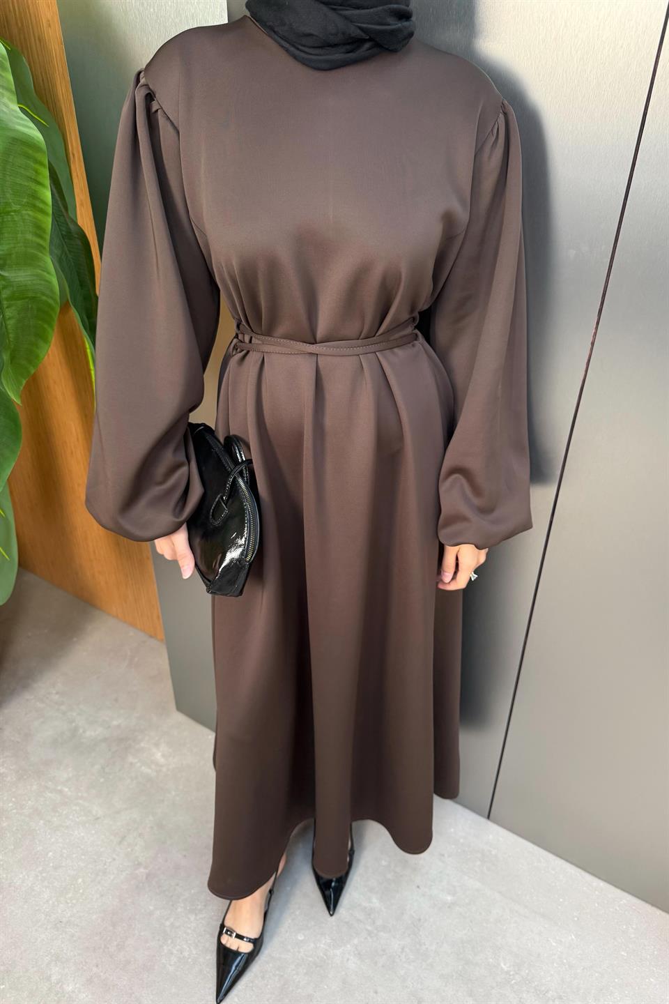 Balloon Sleeve Tied Scuba Dress - Brown