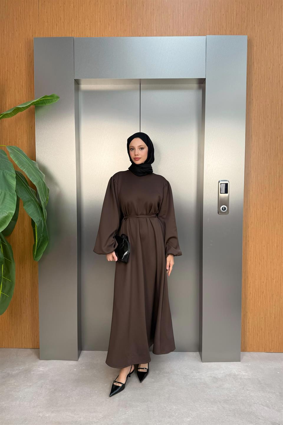 Balloon Sleeve Tied Scuba Dress - Brown