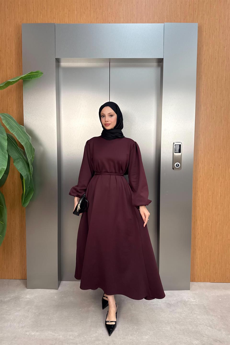 Balloon Sleeve Tied Scuba Dress - Burgundy