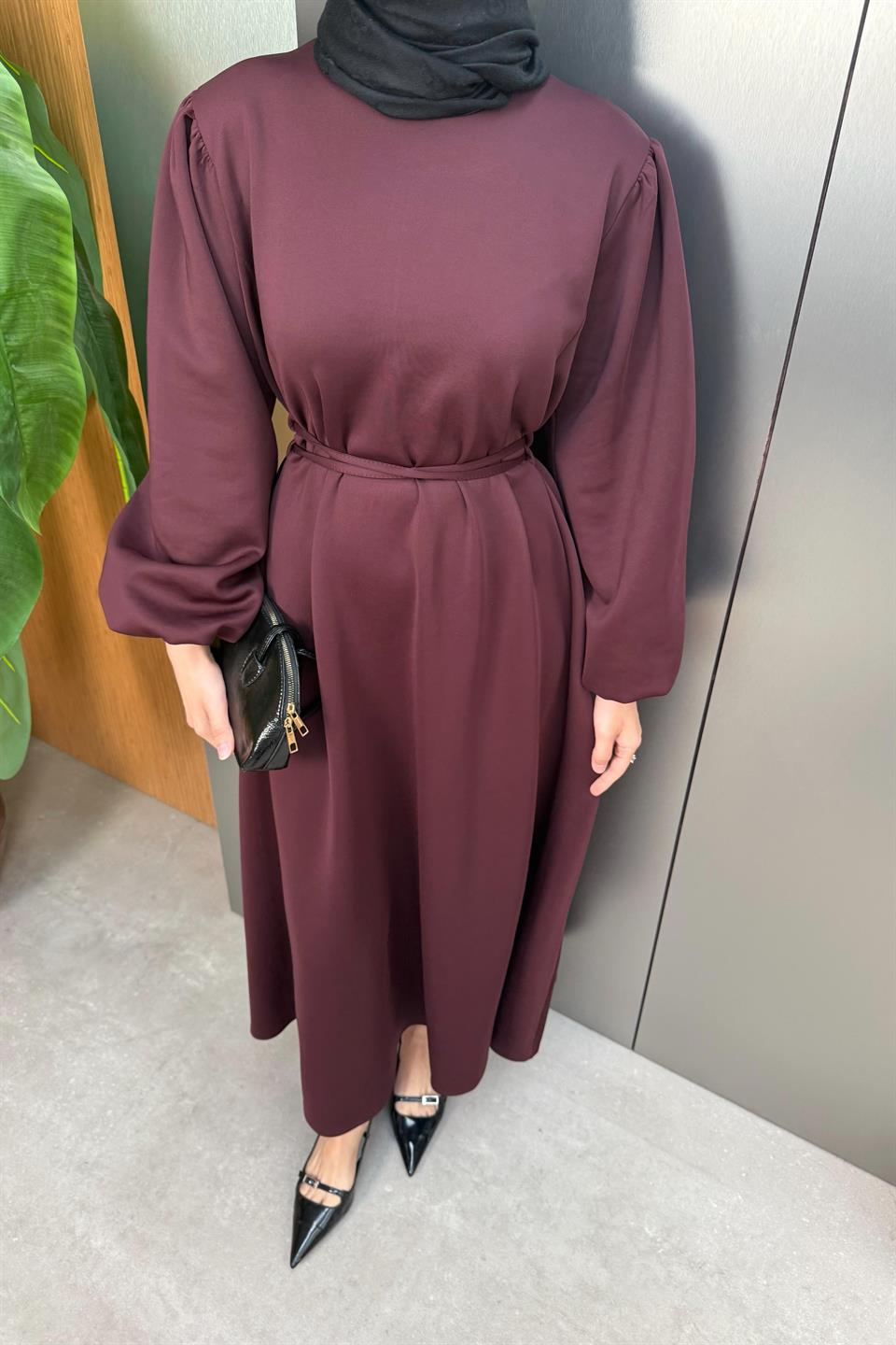 Balloon Sleeve Tied Scuba Dress - Burgundy