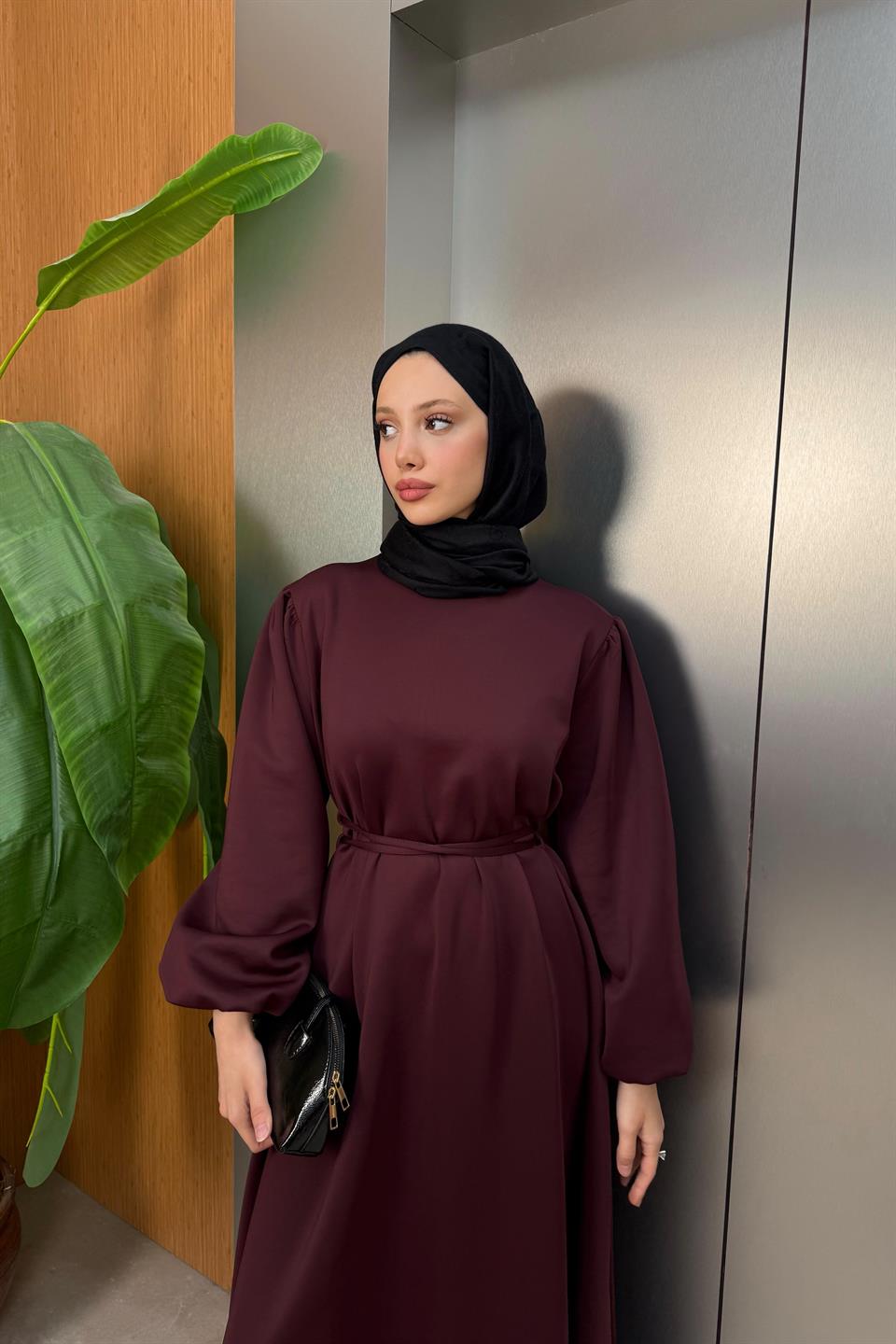 Balloon Sleeve Tied Scuba Dress - Burgundy