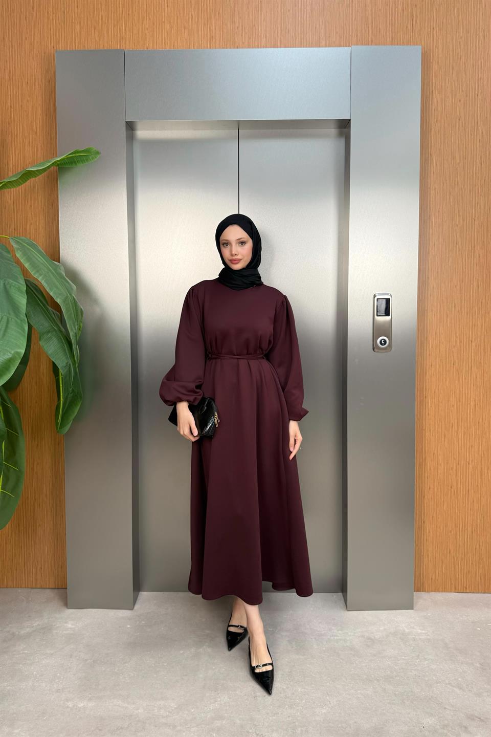 Balloon Sleeve Tied Scuba Dress - Burgundy