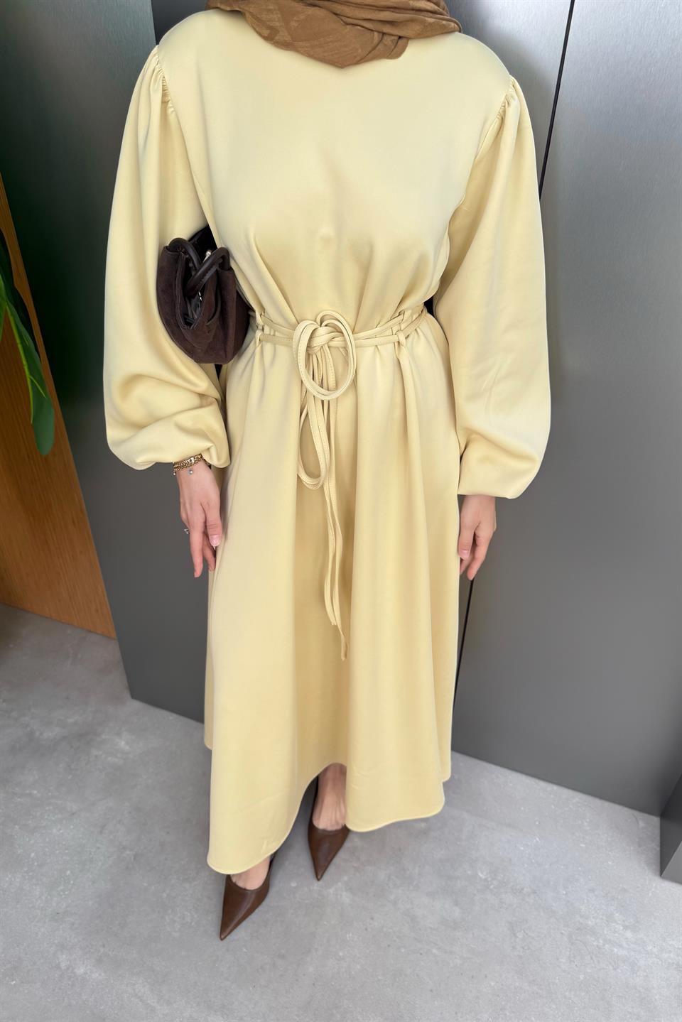Balloon Sleeve Tied Scuba Dress - Yellow 