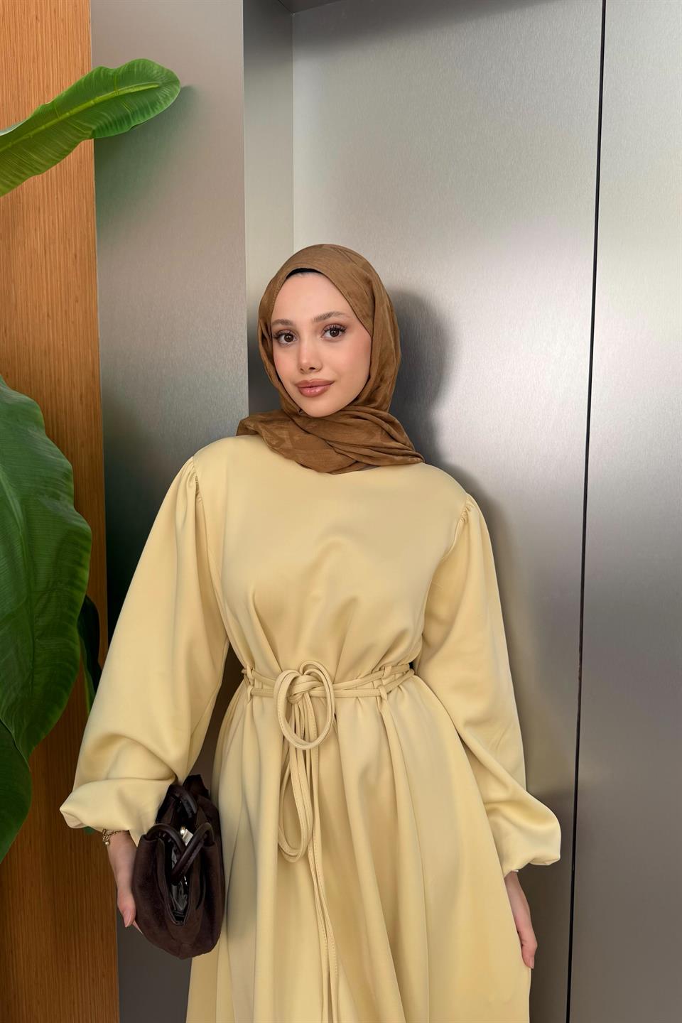 Balloon Sleeve Tied Scuba Dress - Yellow 