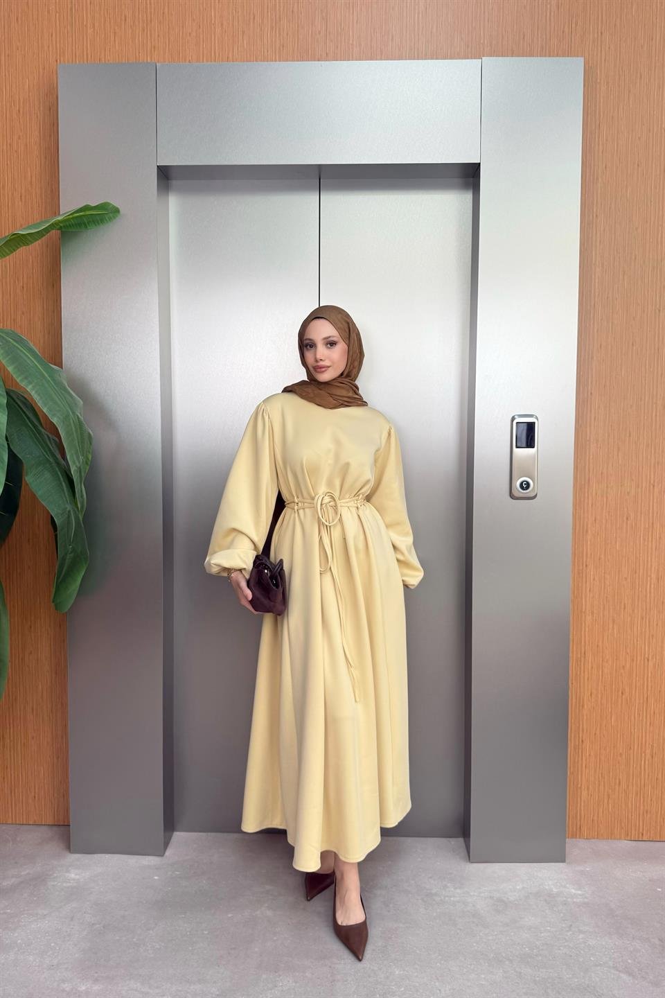 Balloon Sleeve Tied Scuba Dress - Yellow 