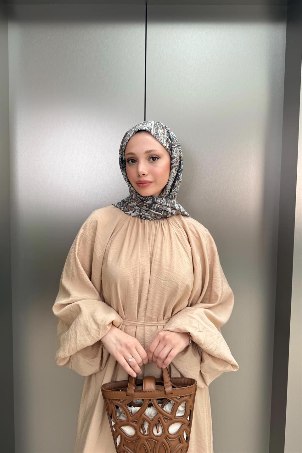 Balon Kol Modal Elbise - Bej