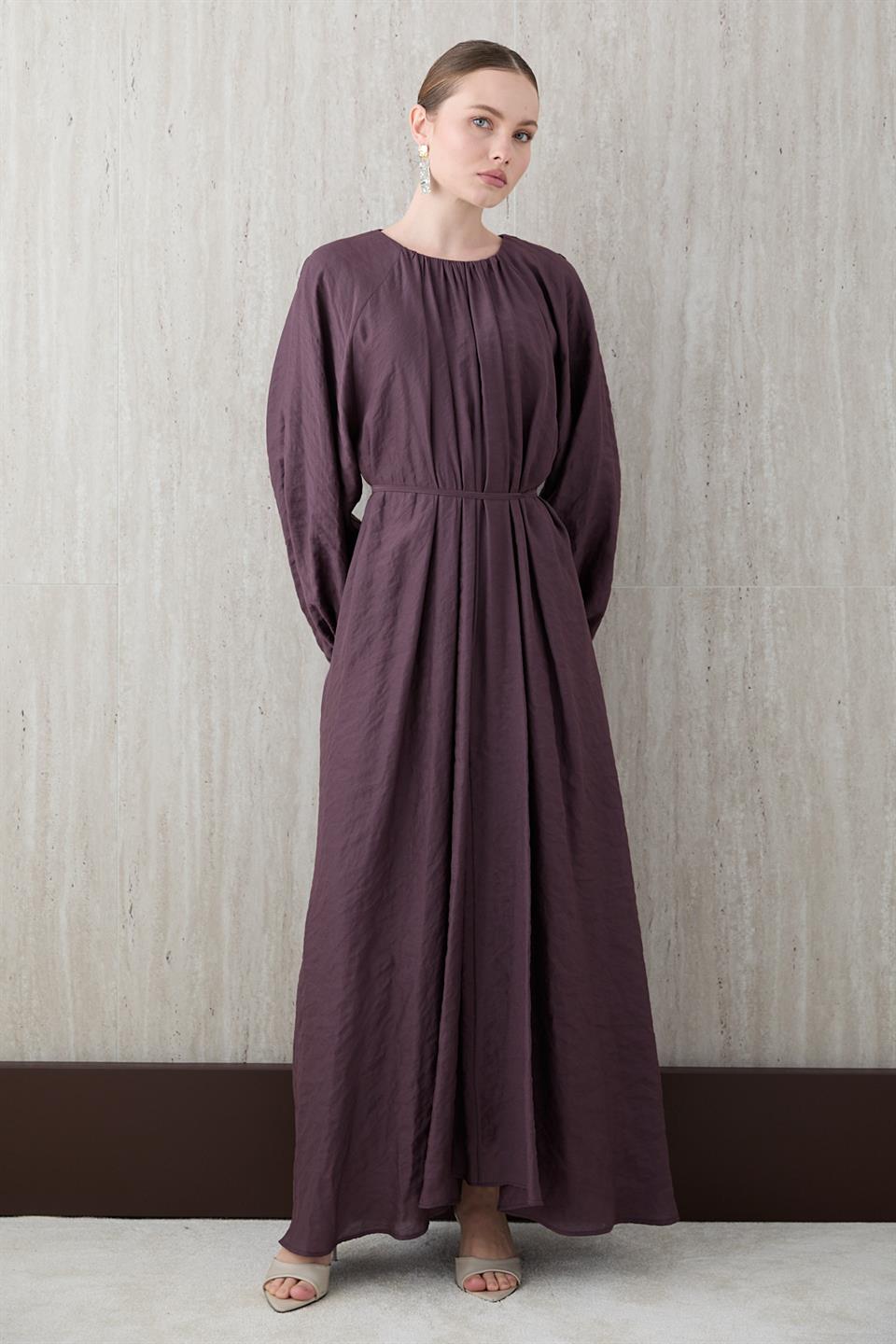 Balon Kol Modal Elbise - Bordo