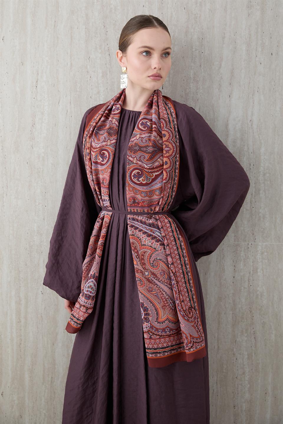 Balon Kol Modal Elbise - Bordo