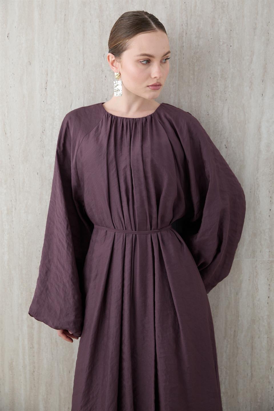 Balon Kol Modal Elbise - Bordo