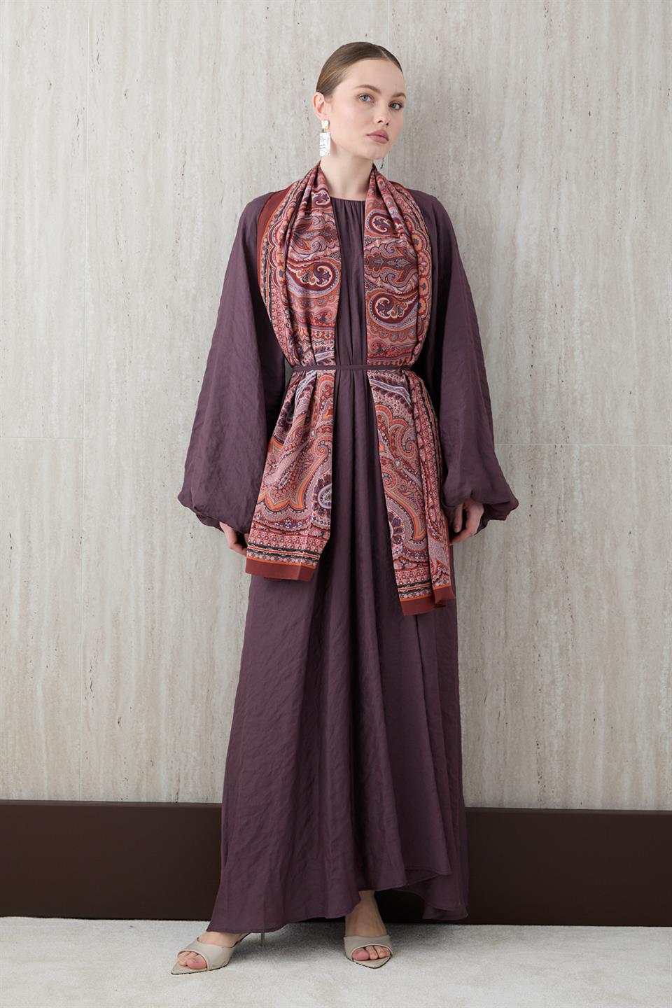 Balon Kol Modal Elbise - Bordo