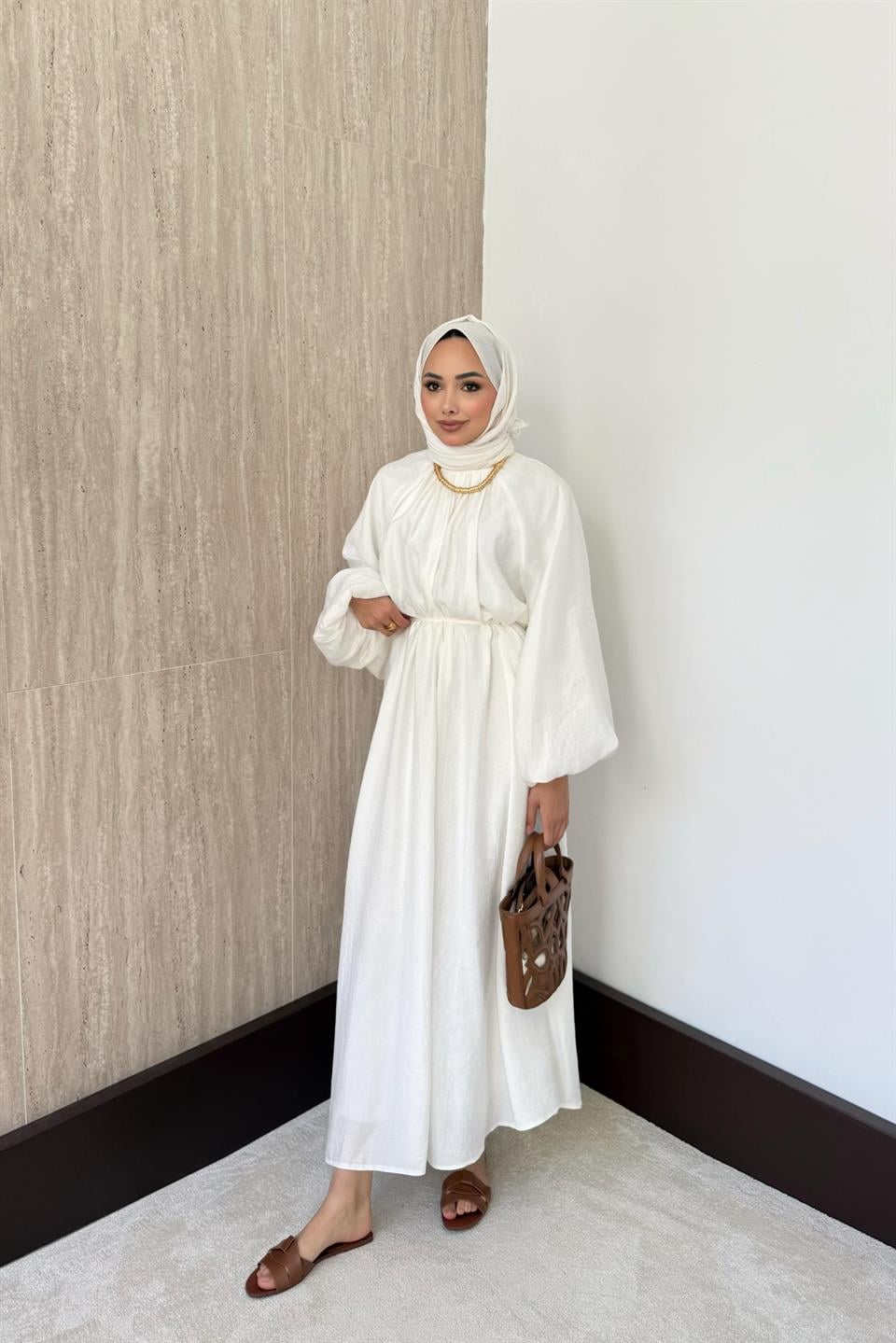 Balon Kol Modal Elbise - Ekru