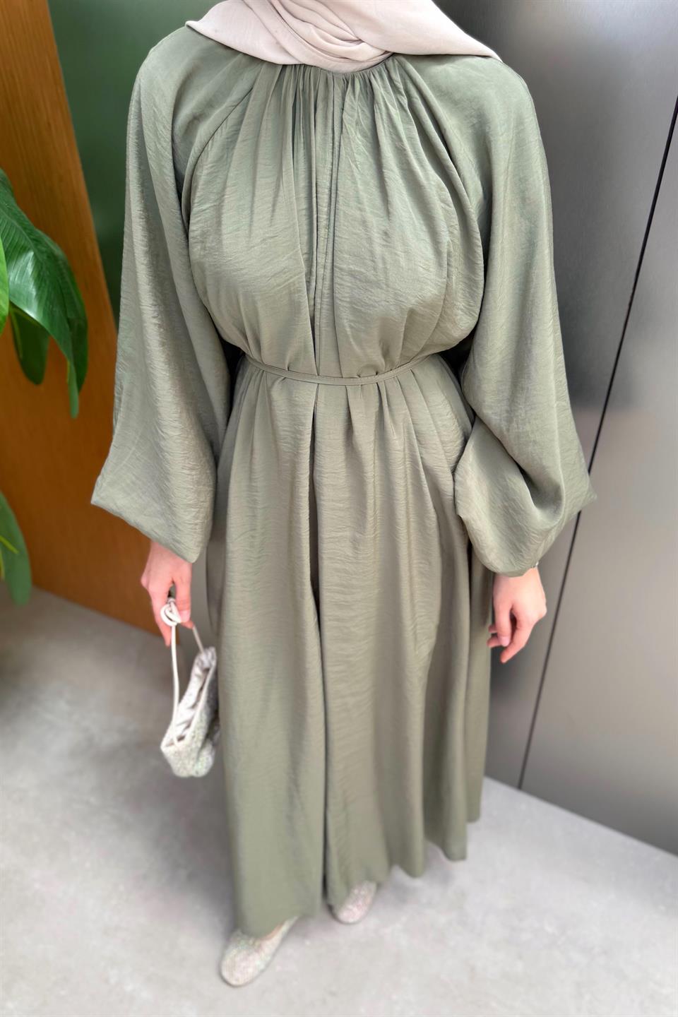 Balon Kol Modal Elbise - Haki