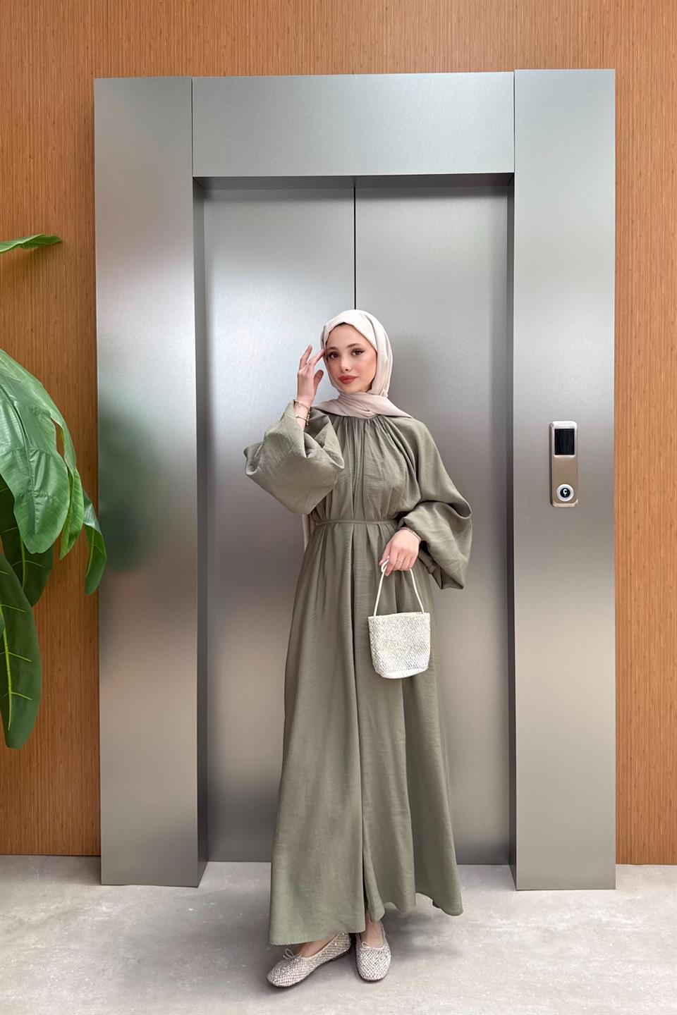 Balon Kol Modal Elbise - Haki