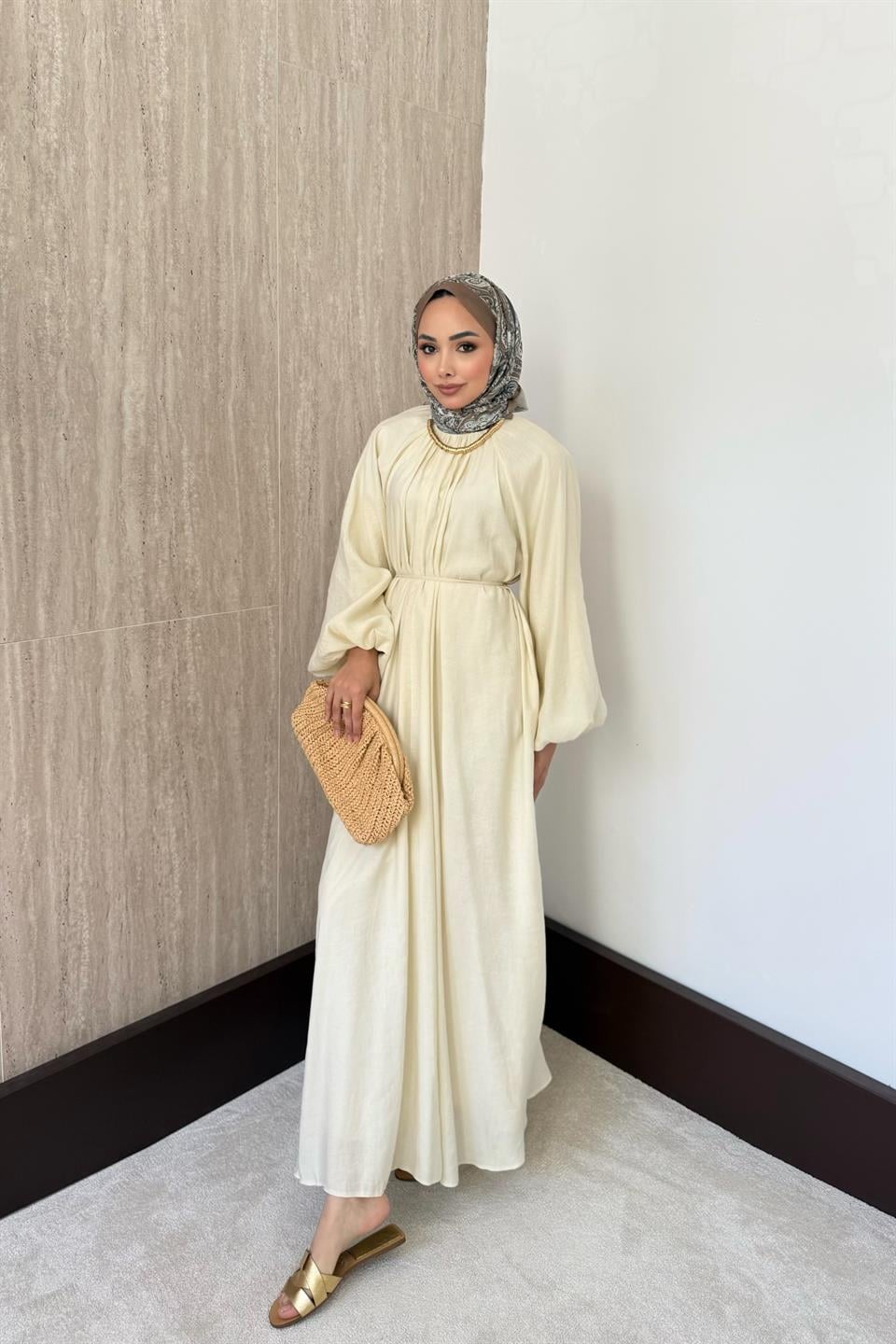 Balon Kol Modal Elbise - Krem