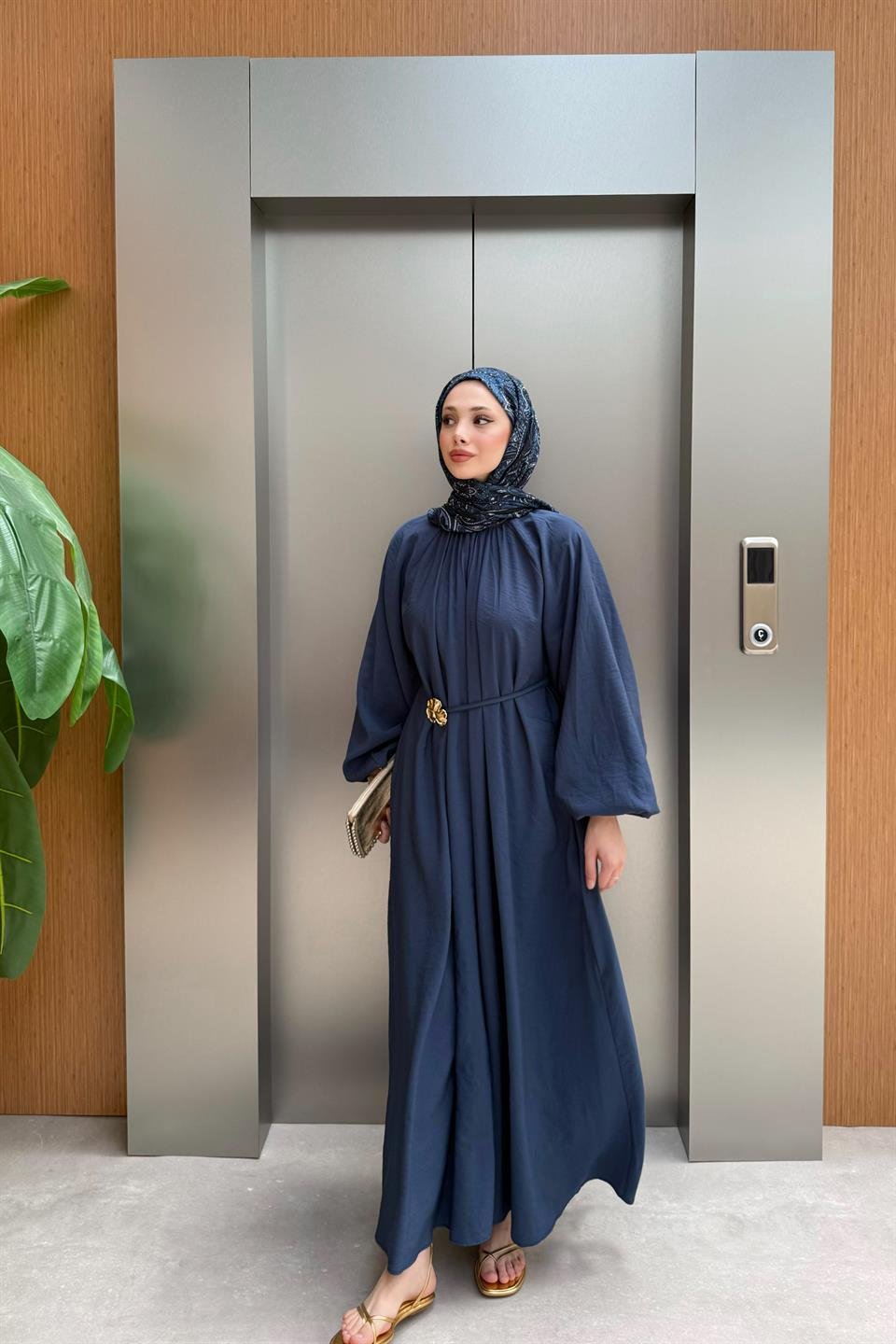 Balon Kol Modal Elbise - Lacivert