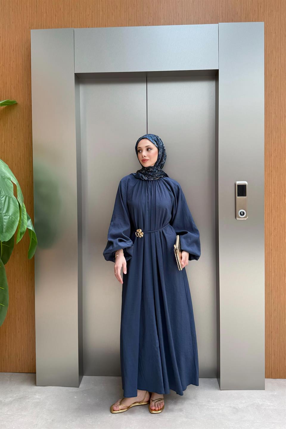 Balon Kol Modal Elbise - Lacivert