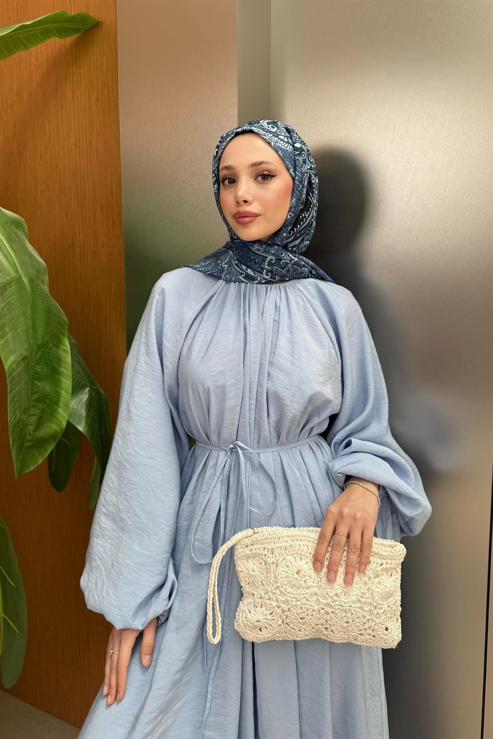 Balon Kol Modal Elbise - Mavi