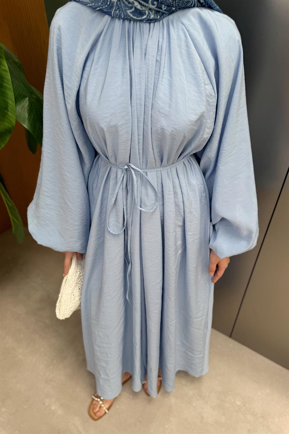 Balon Kol Modal Elbise - Mavi