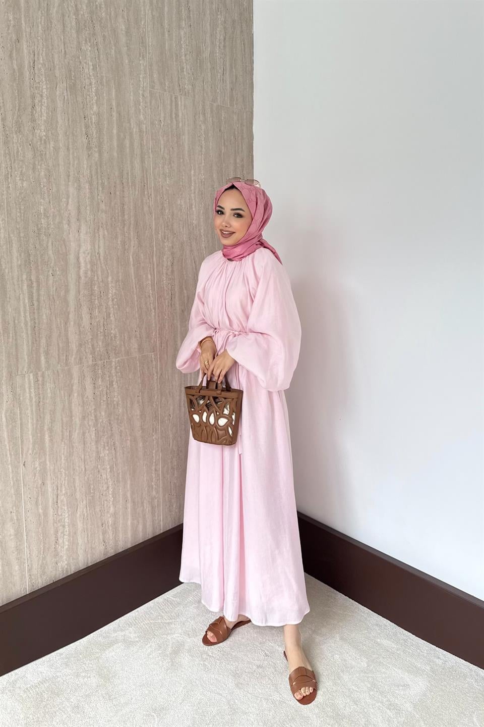 Balon Kol Modal Elbise - Pembe