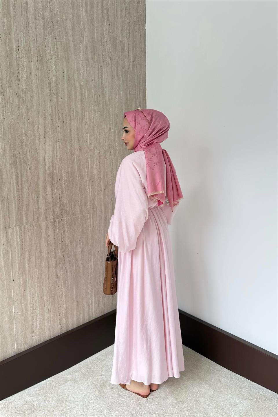 Balon Kol Modal Elbise - Pembe