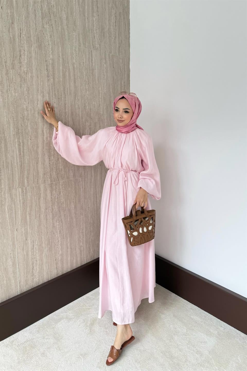 Balon Kol Modal Elbise - Pembe