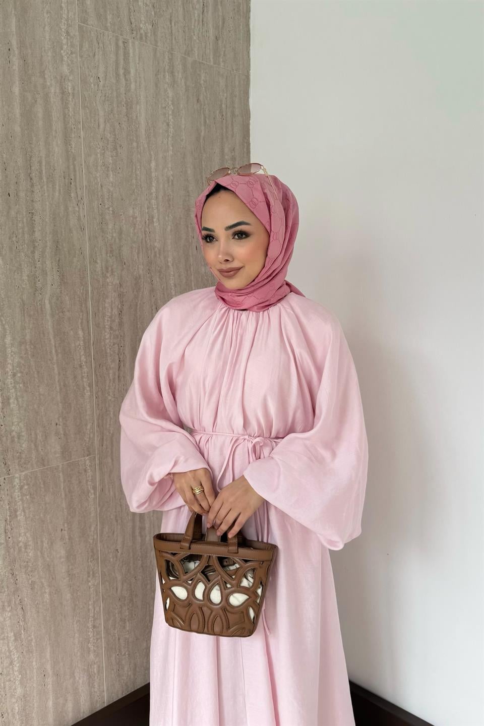 Balon Kol Modal Elbise - Pembe