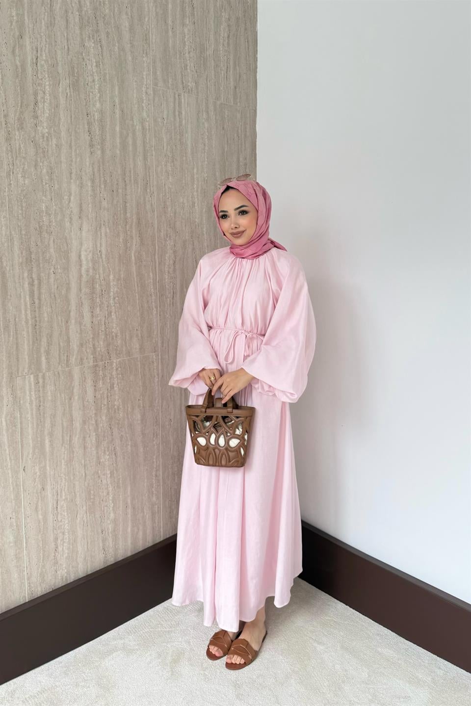 Balon Kol Modal Elbise - Pembe